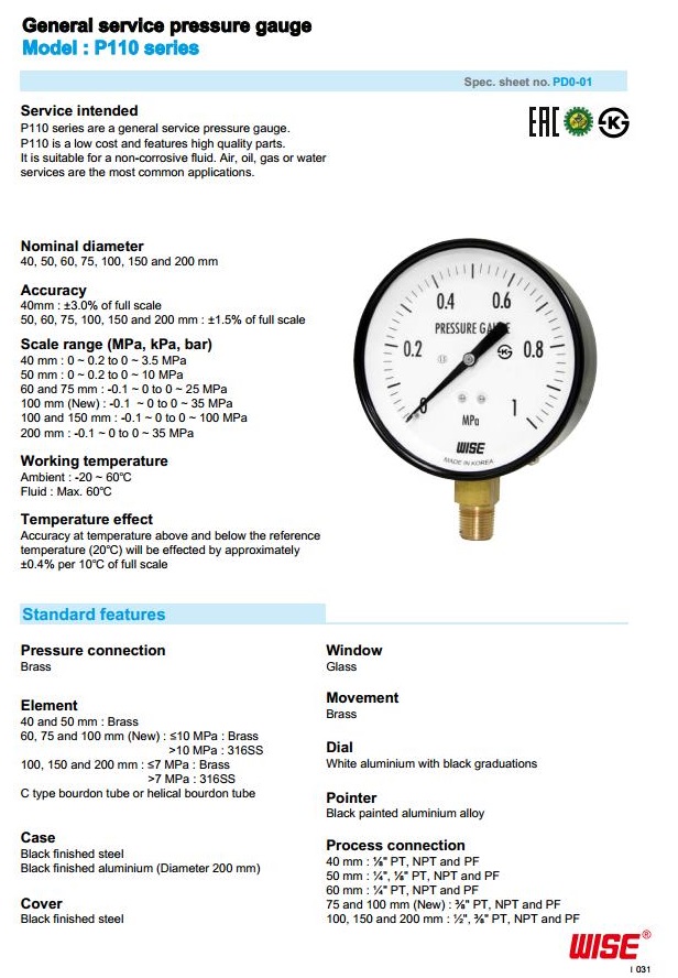 đồng hồ đo áp lực p110